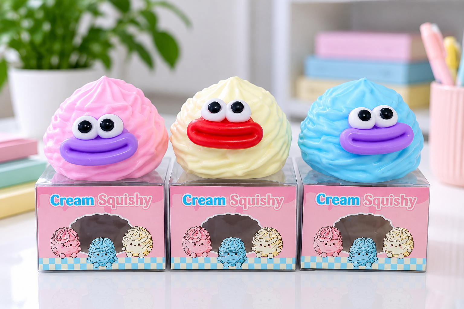 Cream Squishy samples in pink, cream and blue for multi-SKU product review