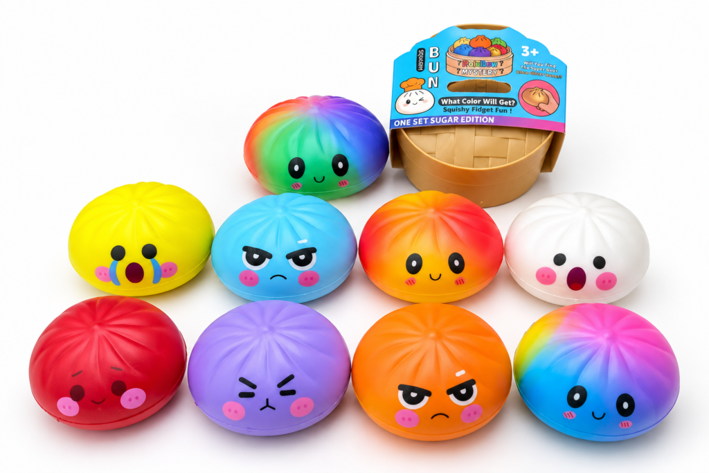 Toy assortment planning with colorful squishy toy SKUs and retail packaging