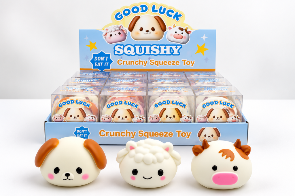 Low-cost toys with animal squishies in individual retail packaging and a countertop display