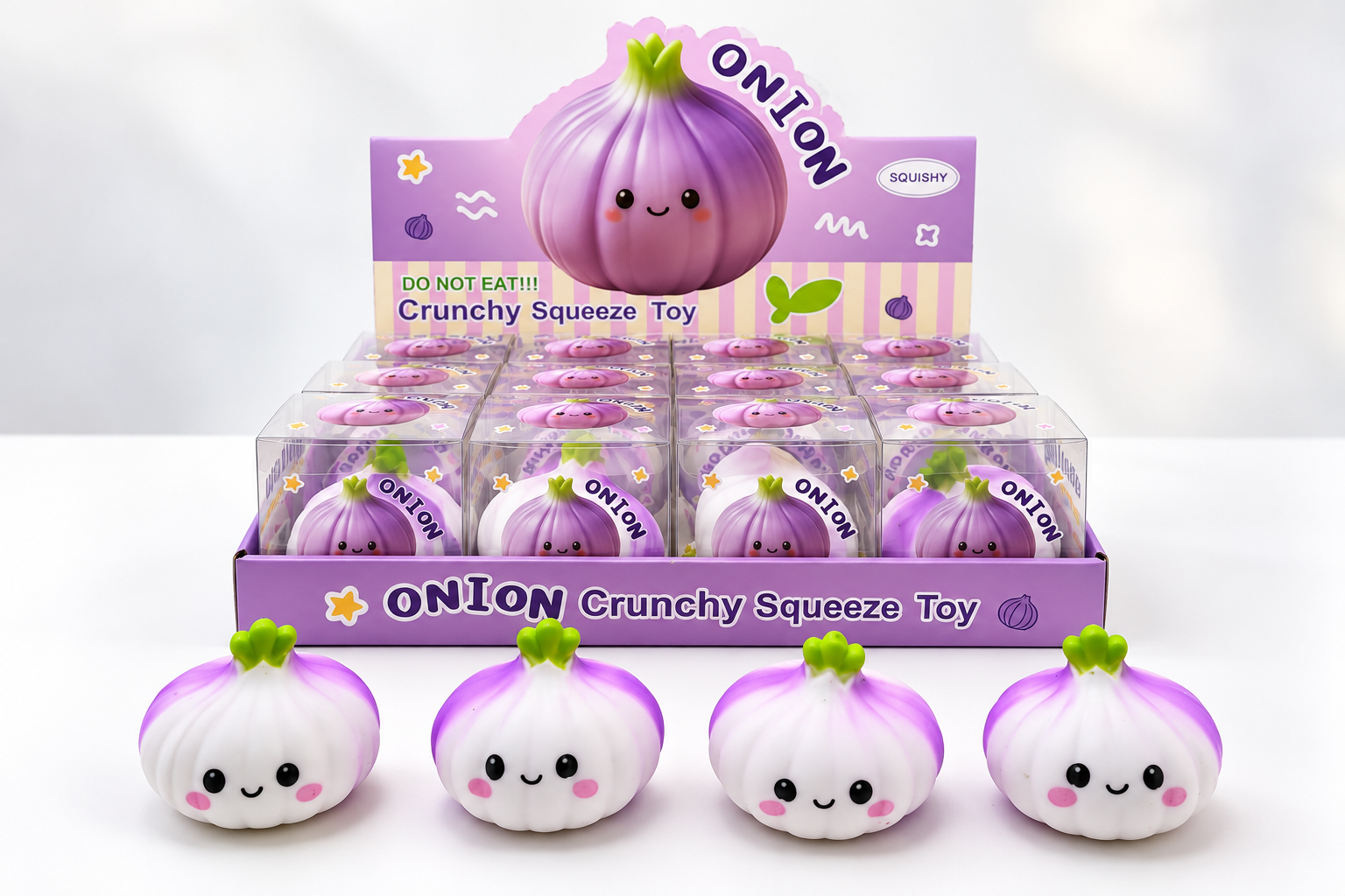 Onion squishy toys with individual retail packaging and a countertop display box