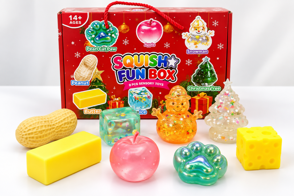Seasonal toys assortment with Christmas and everyday squishy designs for retail