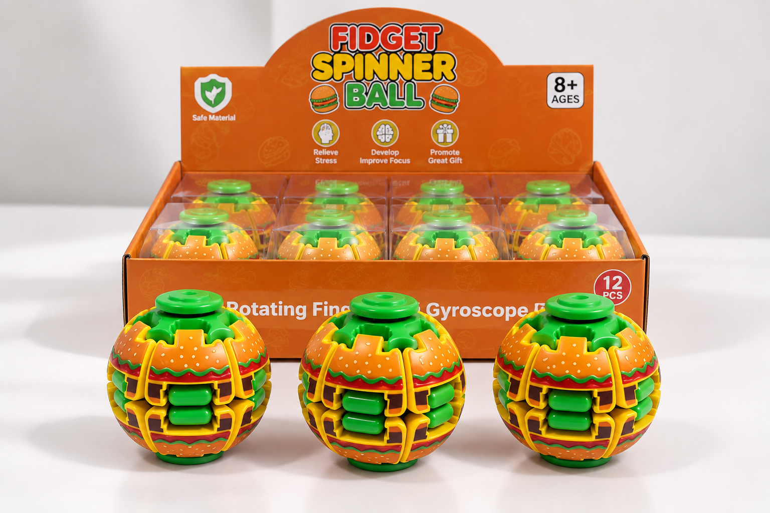 Burger fidget spinner balls with press-to-spin interactive design