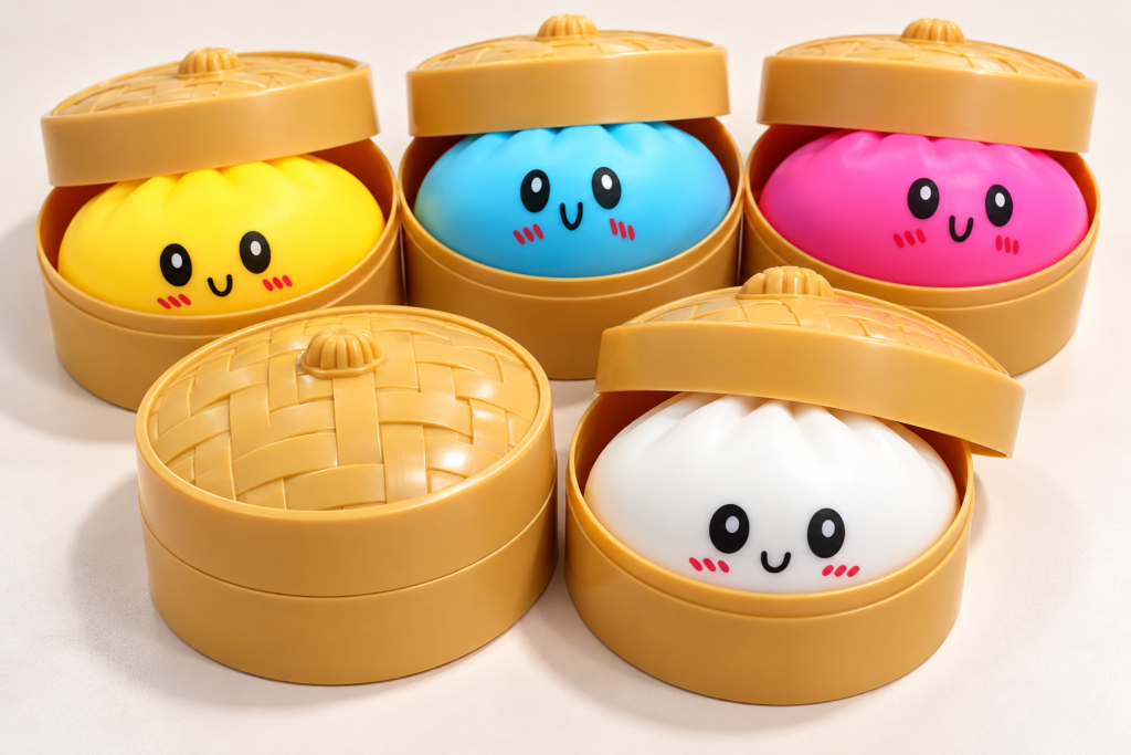 White label vs private label toys shown through different color variations of the same dumpling toy design