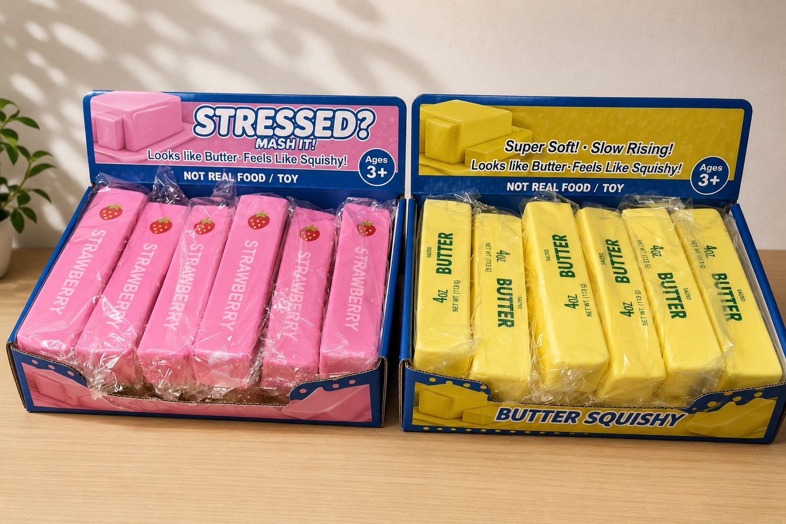 Jumbo squishy wholesale retail display with packaged strawberry and butter squishy toys