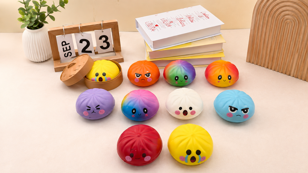 Squishy toys in bulk assortment with colorful bun-shaped squishy toys in multiple styles