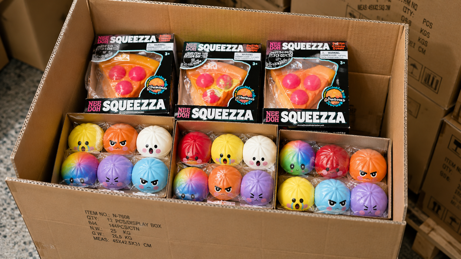 Squishy toys in bulk packed in master cartons with mixed retail boxes and colorful squishy assortments