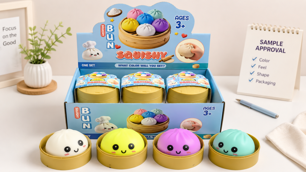 Squishy toy samples in multiple colors with retail packaging for color, feel, and packaging approval