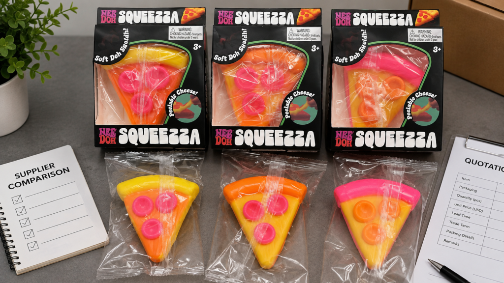Squishy toy suppliers comparison with packaged pizza squishy samples, quotation notes, and supplier evaluation checklist