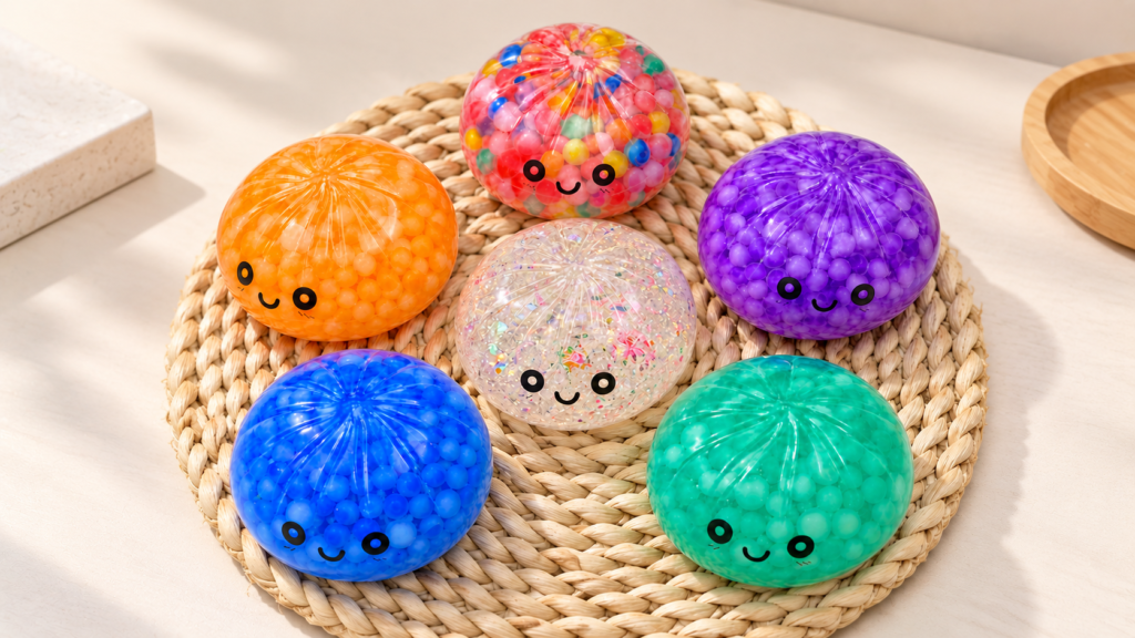 Sensory toy trends 2026 featuring colorful bead-filled squeeze toys