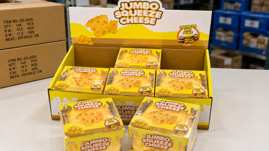 Squishy toy lead time planning with packaged jumbo cheese squishy toys and shipping cartons ready for production