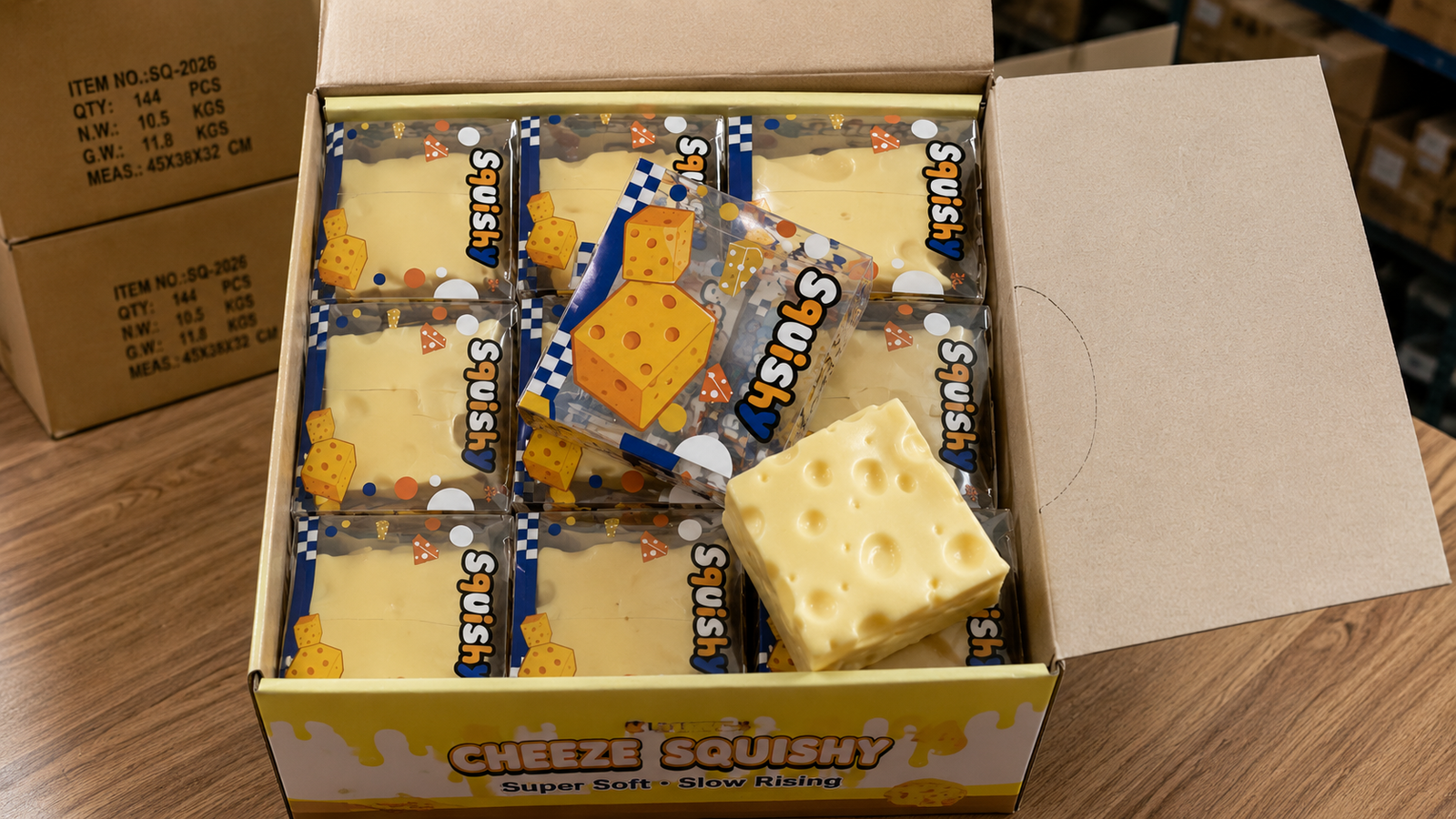 Squishy toy lead time with packaged cheese squishy toys, retail boxes, and shipping cartons prepared for packing