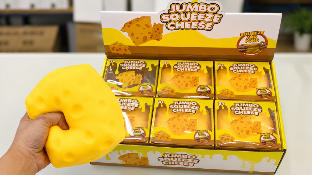 Squishy toy inspection with hand squeeze test and packaged jumbo cheese squishy toys