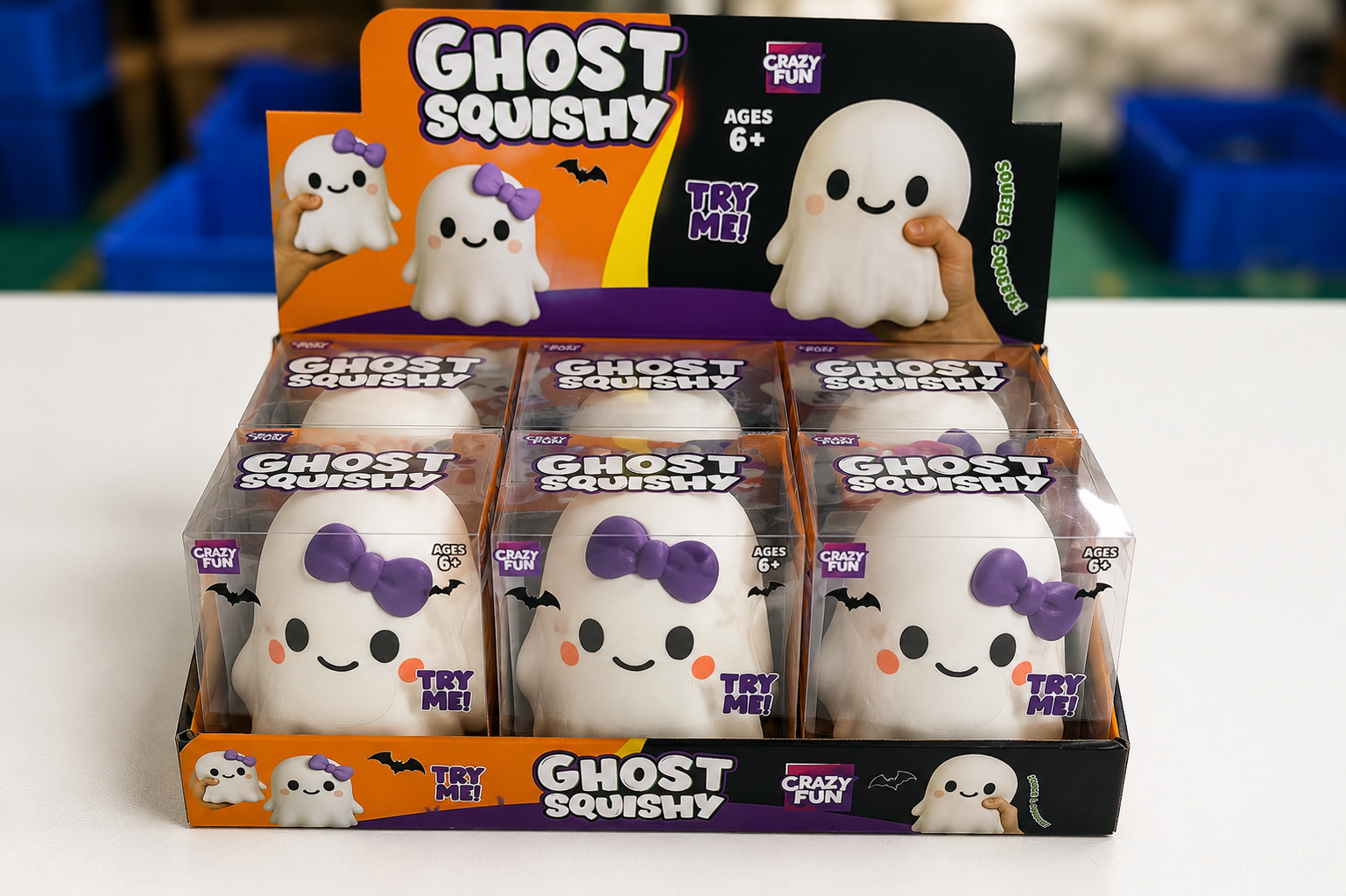 Custom squishy toy packaging with ghost squishy toys displayed in clear retail window boxes