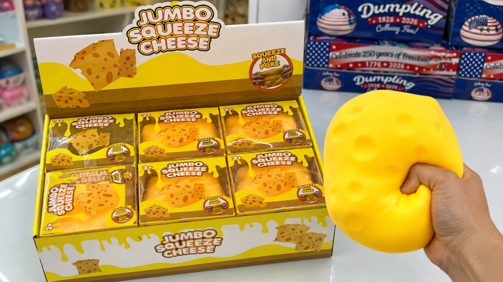Custom squishy toy packaging with jumbo cheese squishy toys in retail boxes and display packaging