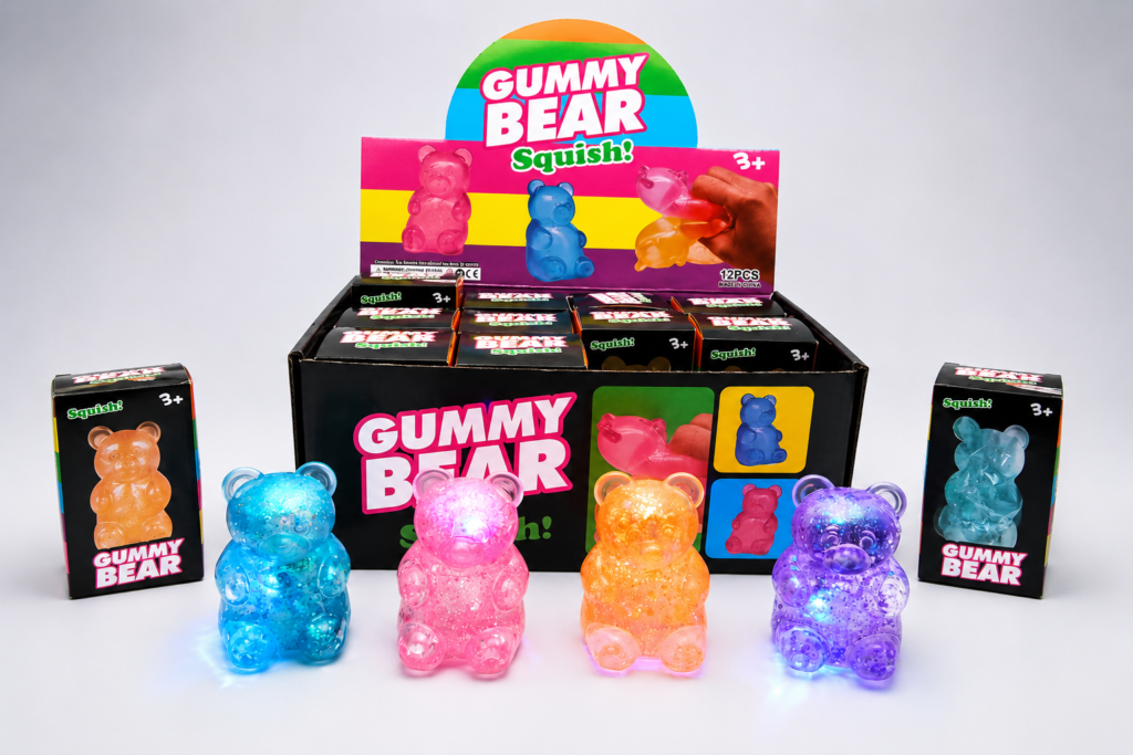 Private label fidget toys in multiple colors with gummy bear retail display packaging