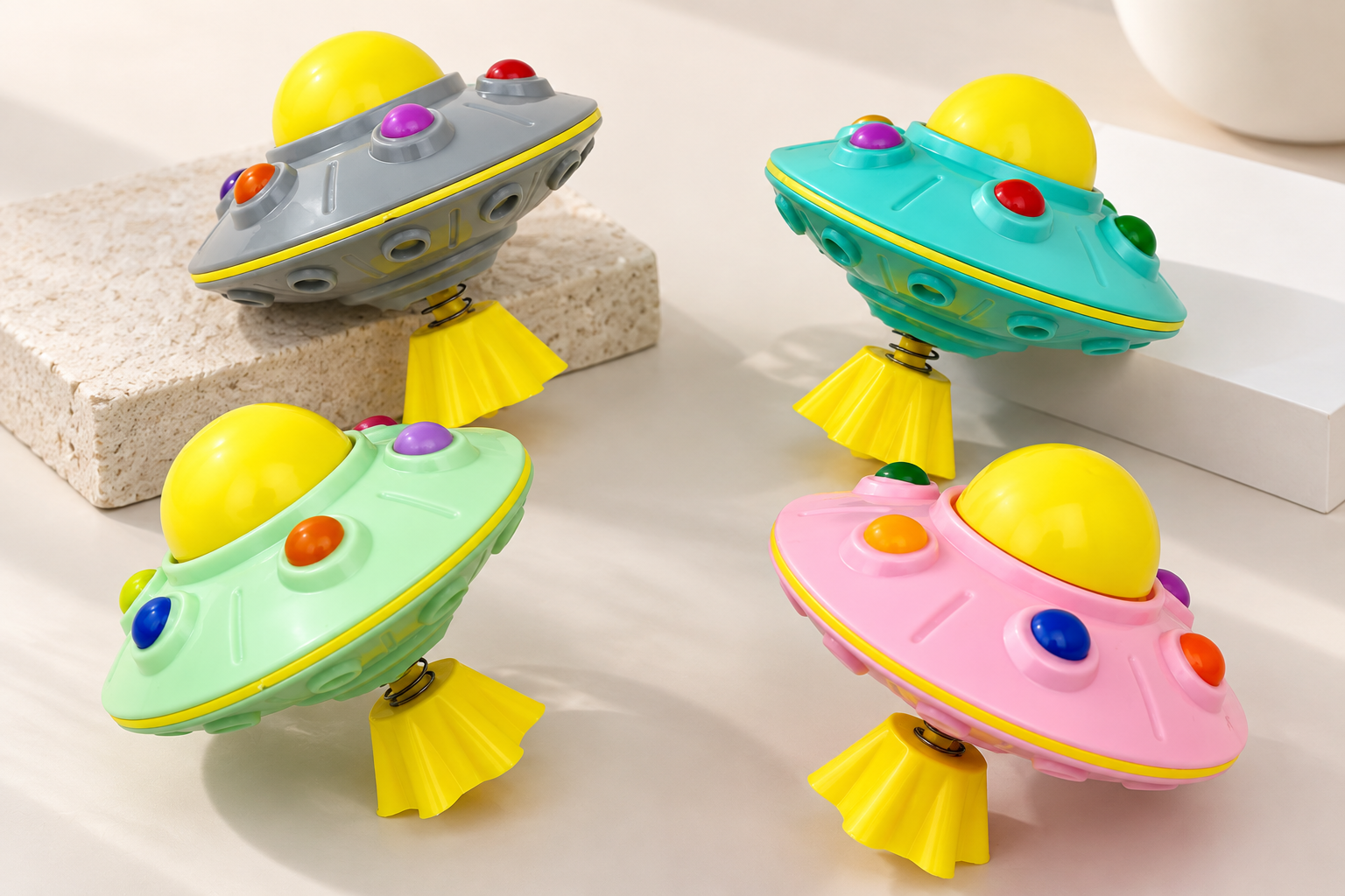 Colorful press-to-spin fidget toys for a sensory toy assortment