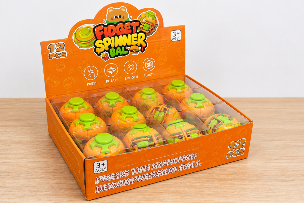 Fidget toy retail trends with rotating spinner balls in retail display packaging