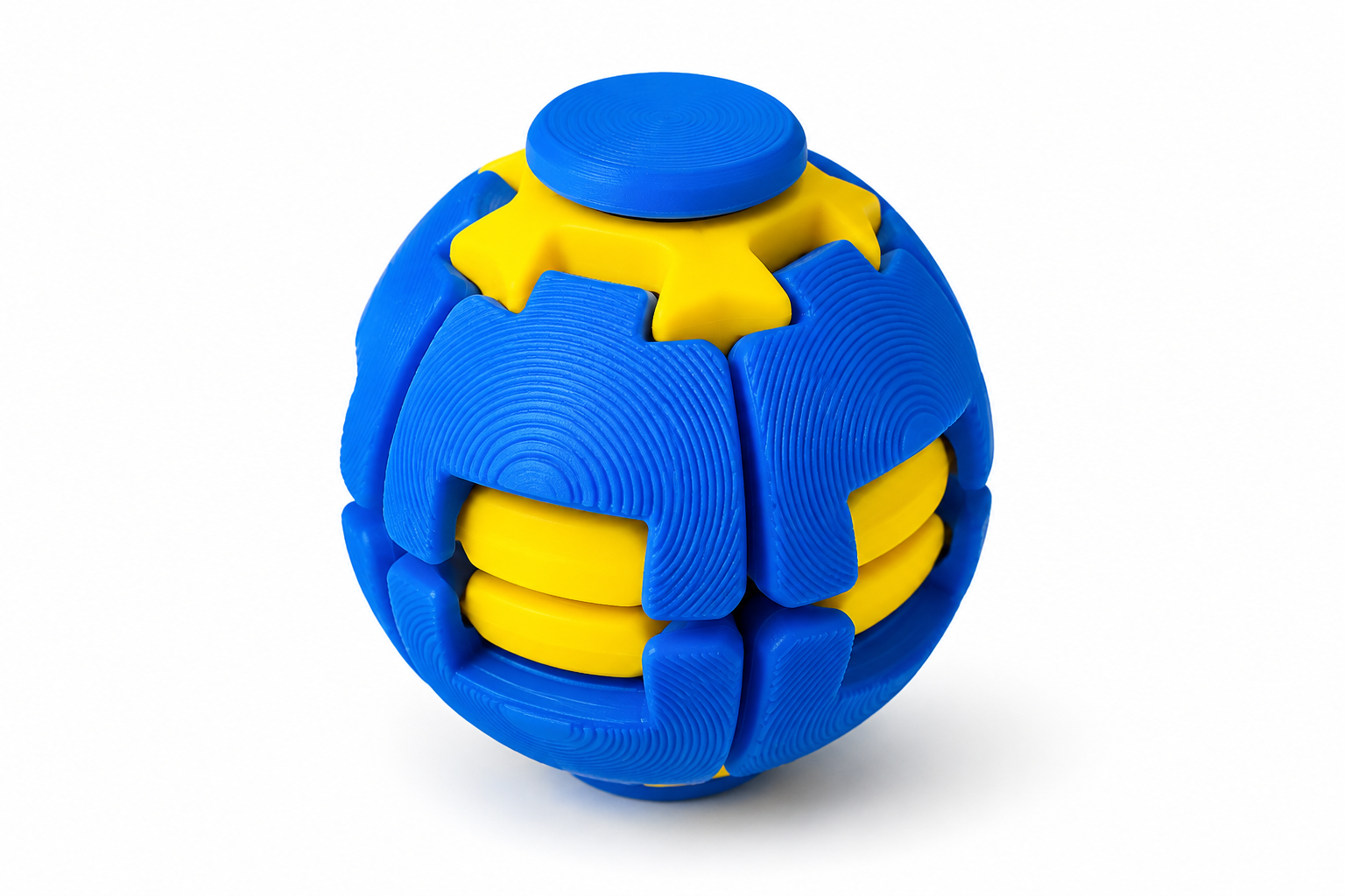 Fidget toy retail trends with a blue and yellow rotating press ball mechanism