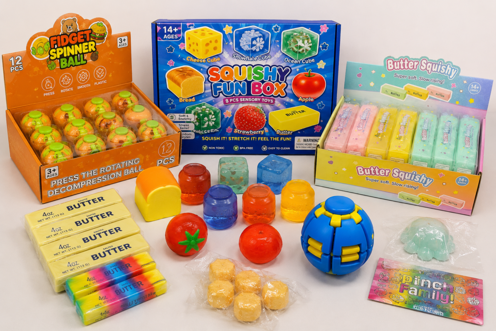 OEM toy manufacturing with assorted custom toys, squishy products, fidget toys, and retail packaging