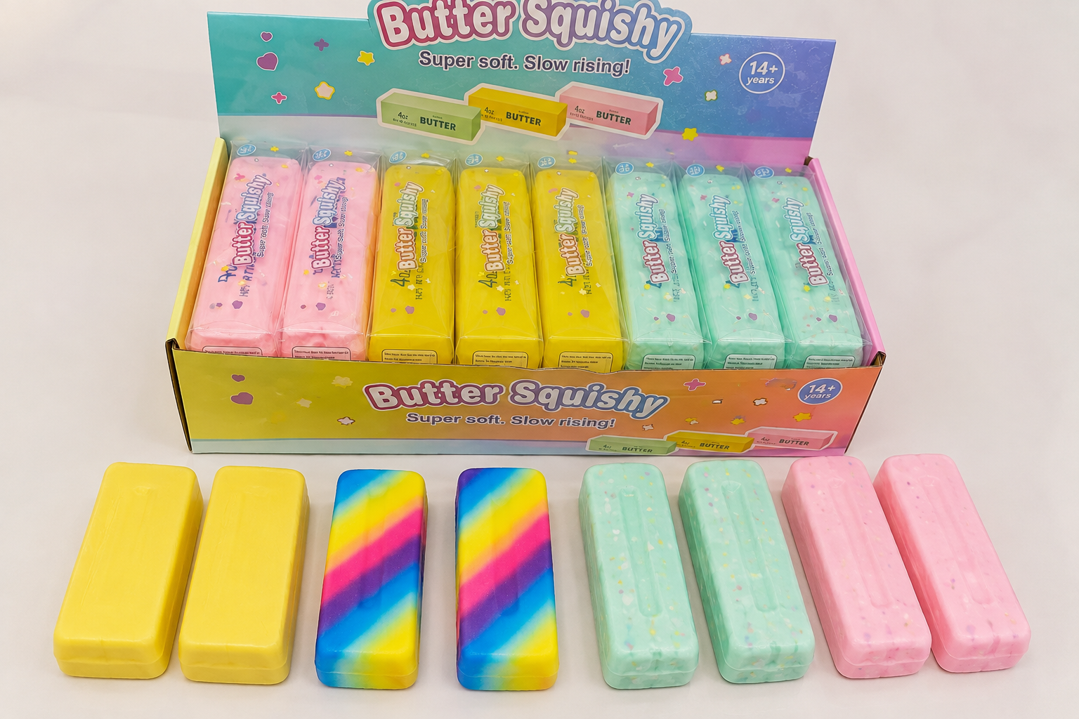 OEM toy manufacturing with colorful butter squishy variations and retail display packaging