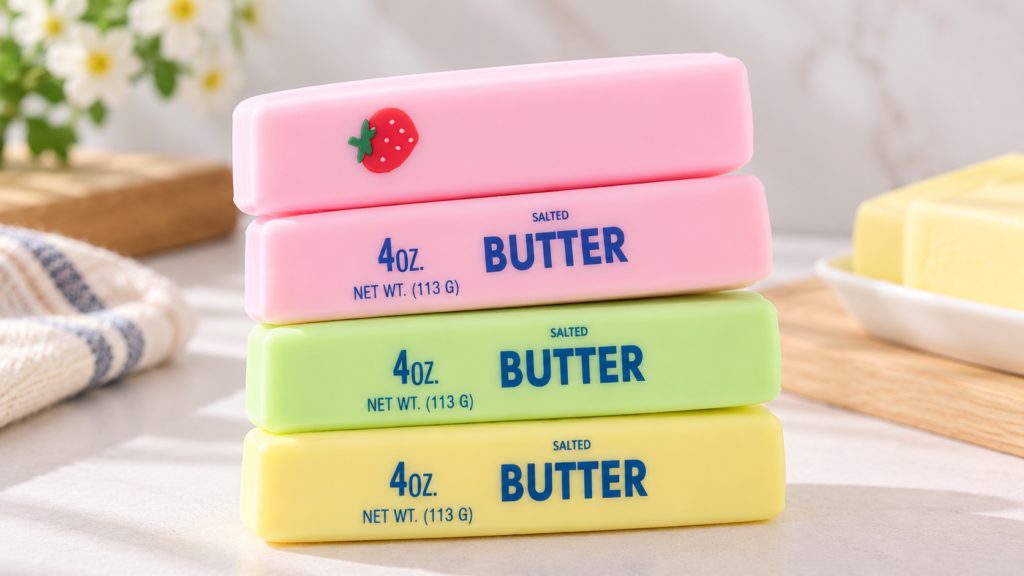 Custom squishy toy design with pink, green, and yellow butter squishy color variations