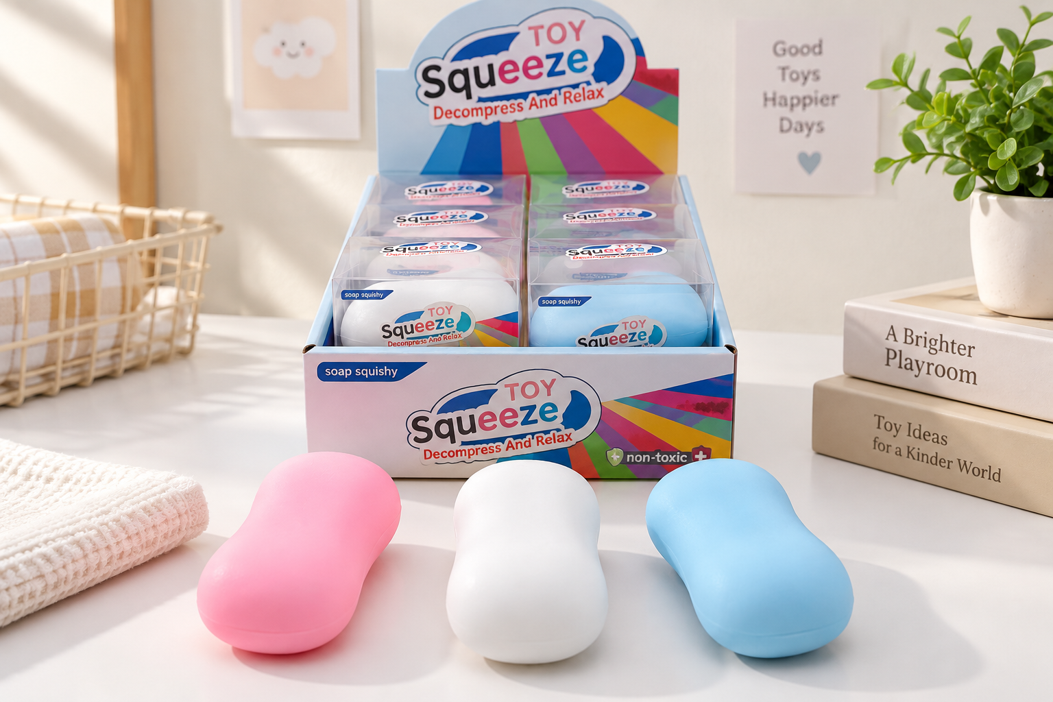 Custom squishy toys for retail in pink white and blue color variations
