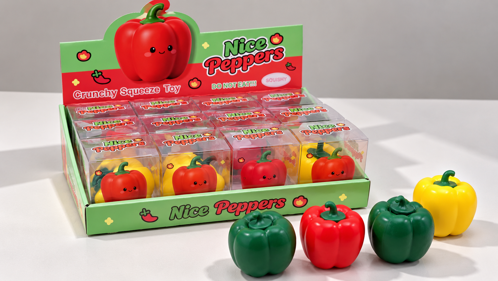 Pepper squishy toys in wholesale retail display packaging