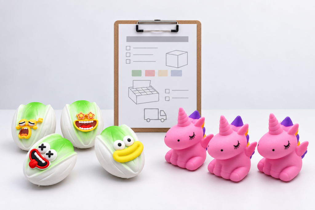 Custom stress toys arranged around a promotional campaign brief