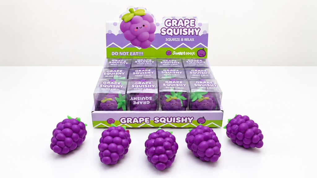 Custom-shaped stress toys featuring a grape design and retail display packaging