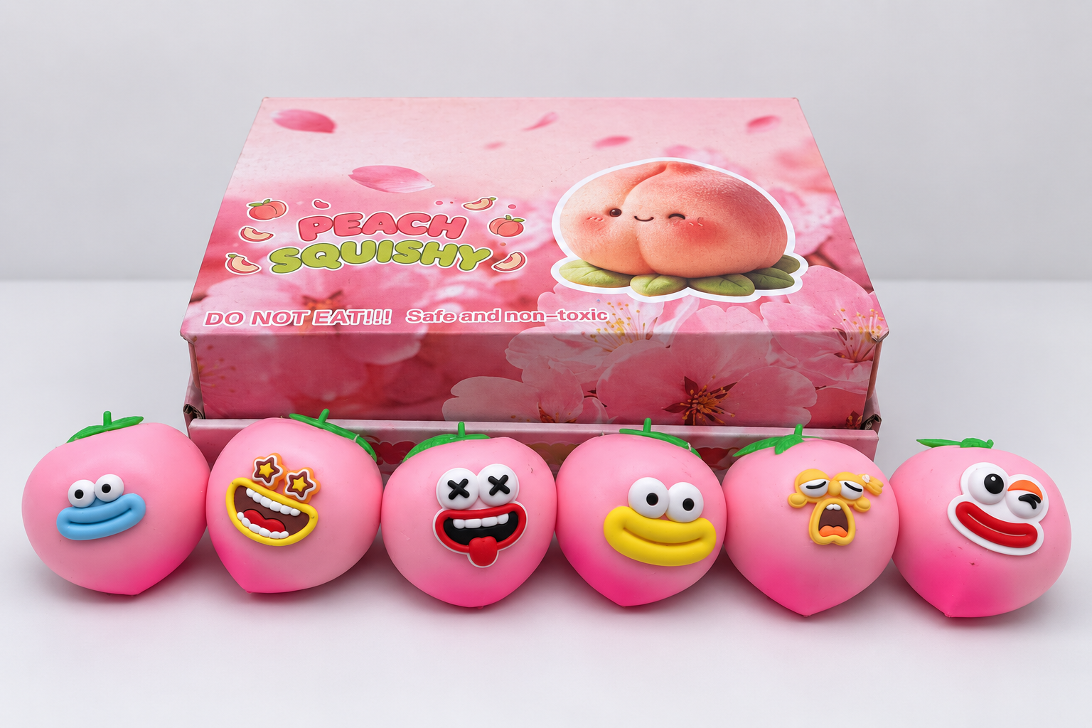 Peach squishy toys with branded packaging for artwork approval