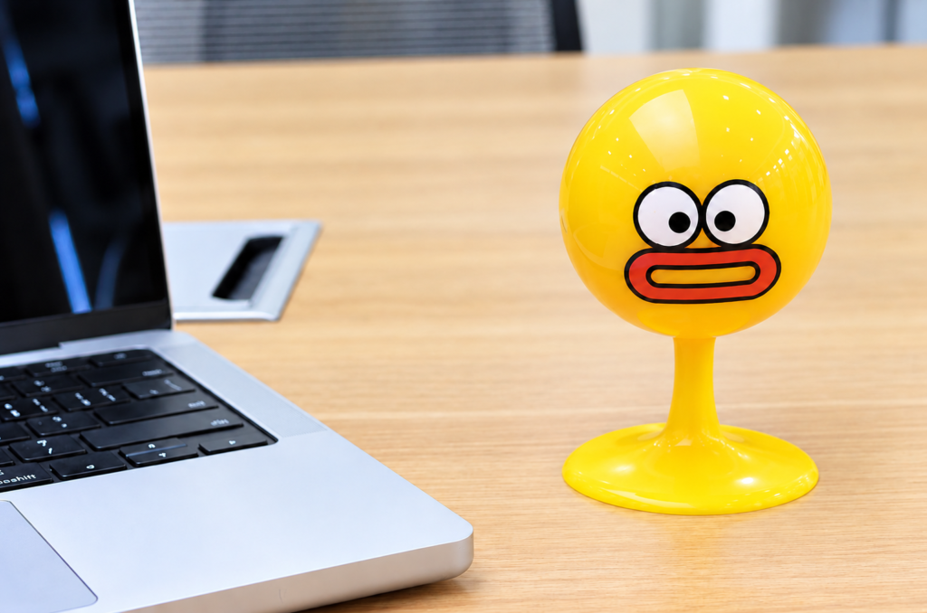 Yellow tactile desk toy beside a laptop for employee appreciation giveaways