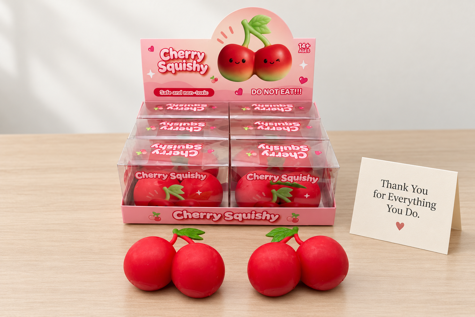 Cherry squishy toys with a thank-you card for employee appreciation giveaways