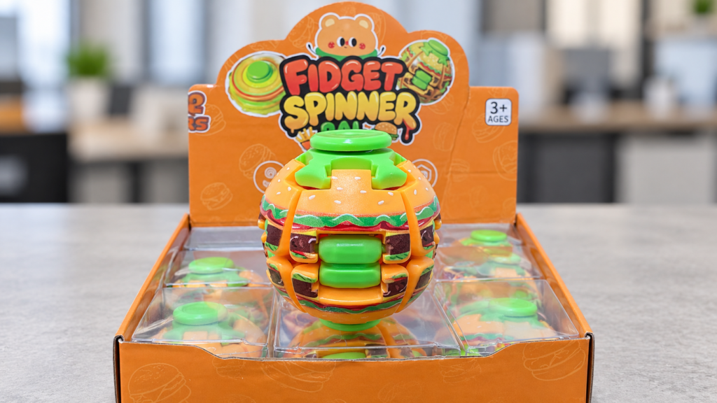 Branded fidget toys displayed with retail packaging