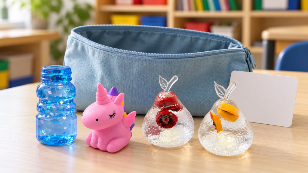 Bulk sensory kits for schools with four tactile toys, a storage pouch and content card
