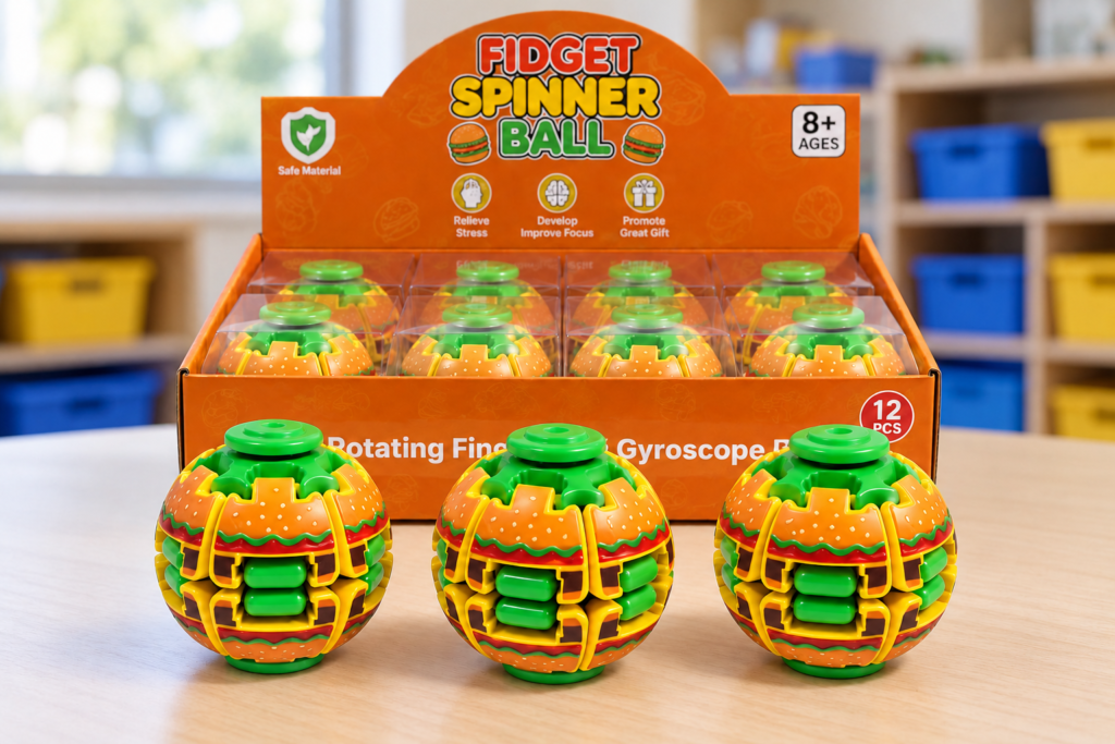 After-school program supplies with hamburger fidget toys in a 12-piece display carton