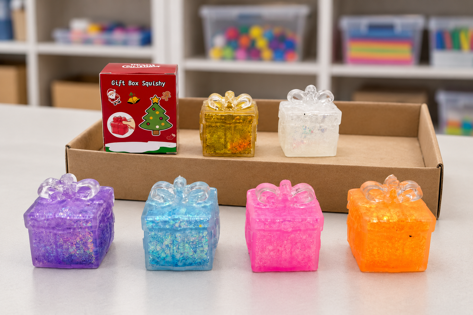 Colorful gift-box squishy toys organized as after-school program supplies for take-home prizes