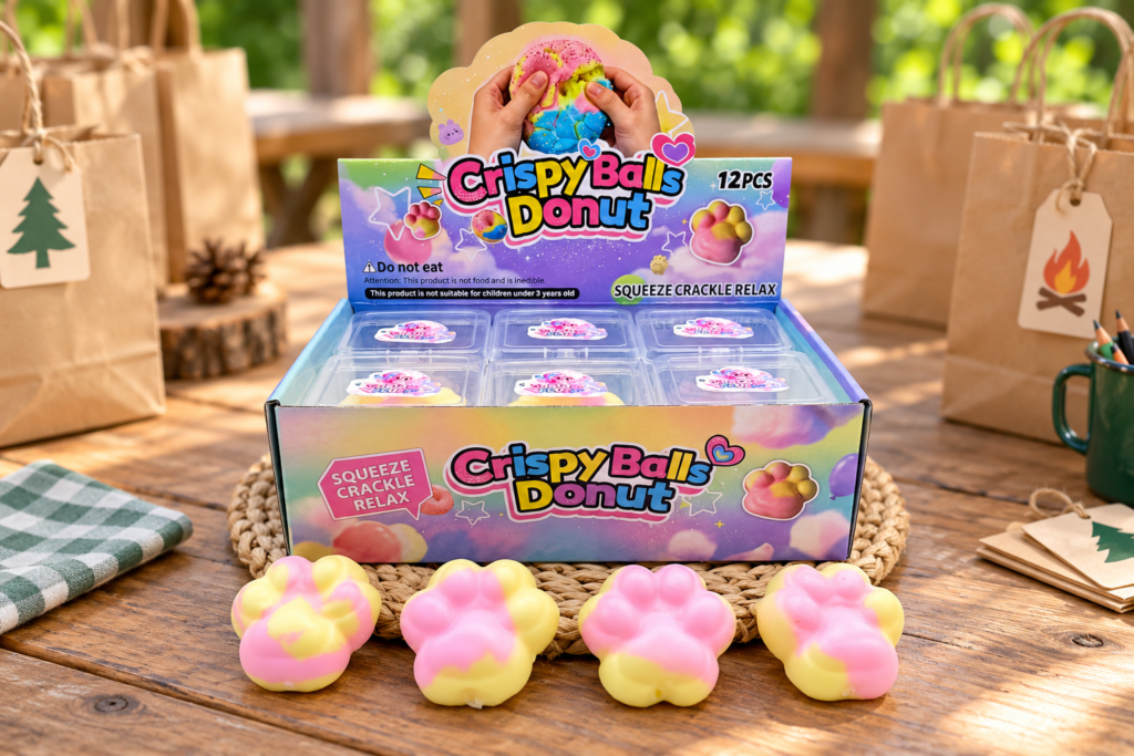 Summer camp prizes in bulk with colorful squeeze toys and display packaging