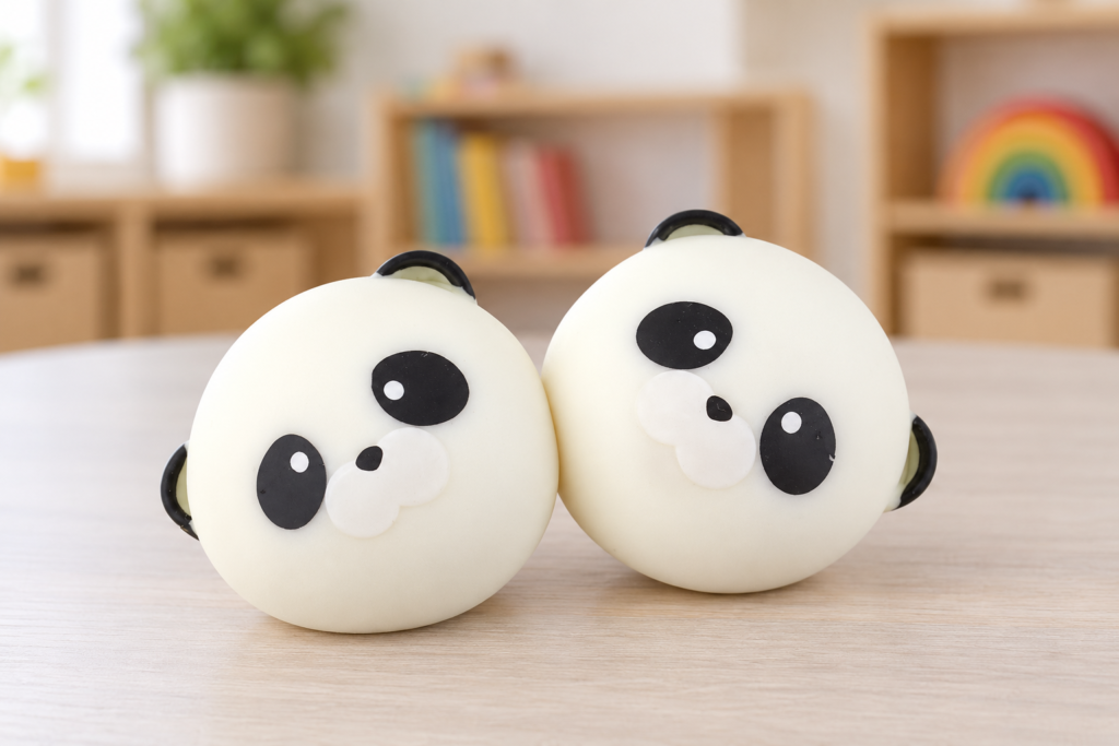 Preschool sensory toys with two panda squishies on a classroom table