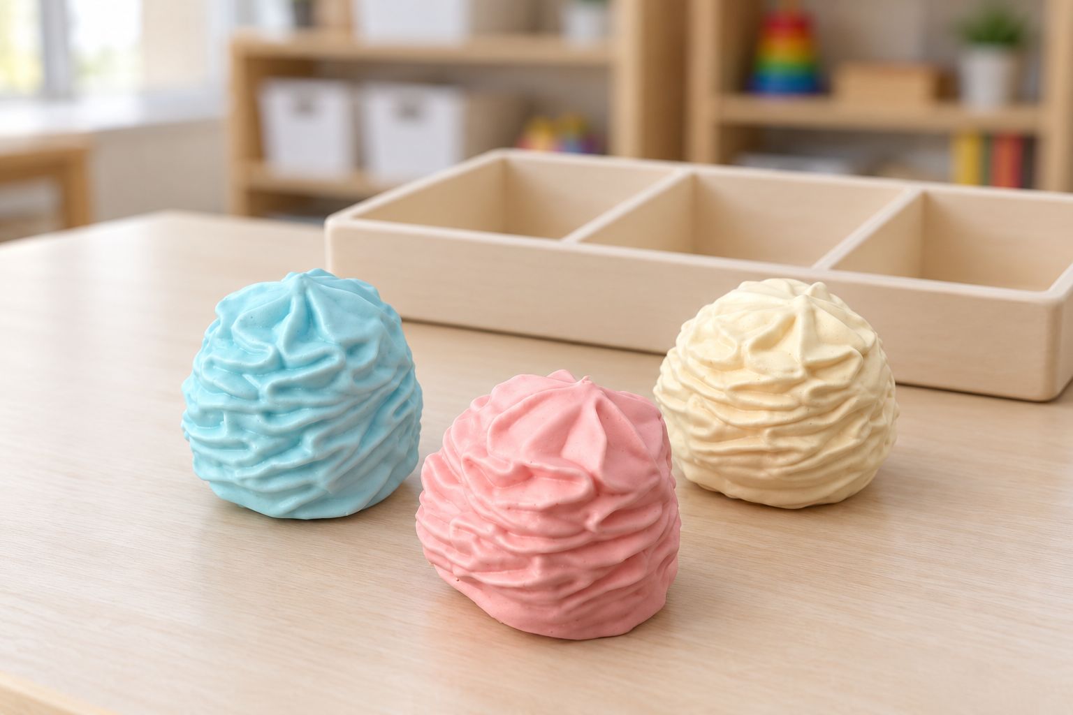 Preschool sensory toys with molded surface details beside a divided classroom tray