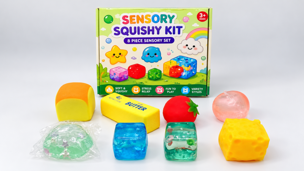 Squeeze toy manufacturer product assortment with retail packaging