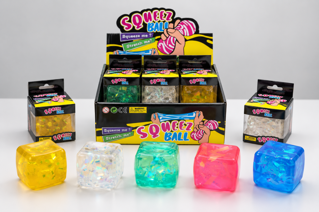 Squishy toy texture comparison with five colorful cube squeeze toys and retail display packaging